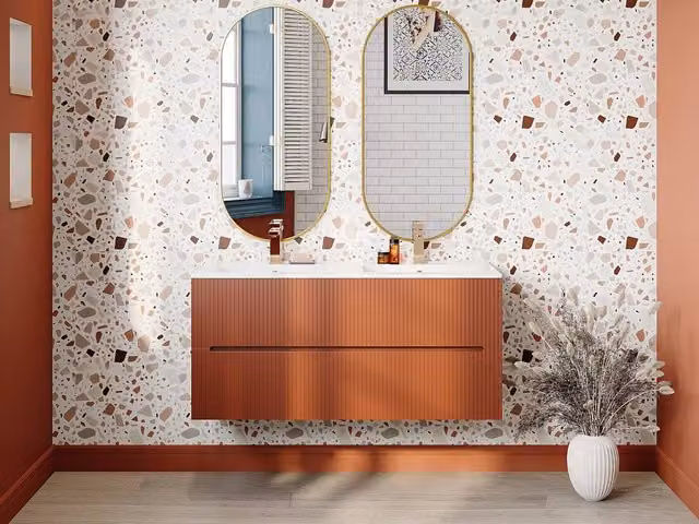 Vente-unique Wall-Hung Bathroom Vanity Unit with Inset Ceramic Basin in Ribbed Terracotta, W: 120 cm, D: 45.5 cm, H: 55 cm