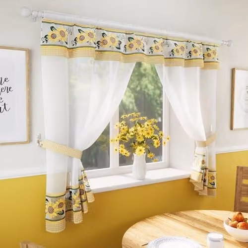 Tyrone Textiles Keswick Yellow Floral Embroidered Window Set with Two Matching Tie Backs, W: 249 cm, D: 91 cm