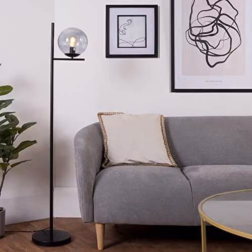 MiniSun Industrial Style Black Metal Floor Lamp with Grey Glass Sphere Shade H: 140 cm, W: 33 cm, D: 33 cm – 2