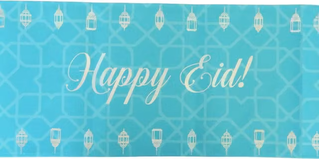 Peacock Supplies Happy Eid Cotton Table Runner in Teal with Graphic Ethnic Design