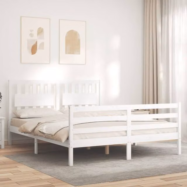 Berkfield Home Beautiful Solid Wood Bed Frame with Headboard in White, W/D/H: 160 x 200 x 165.5 cm