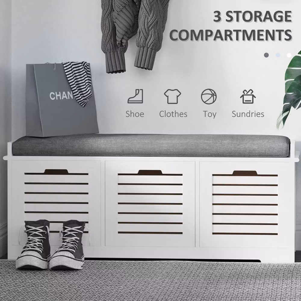 Wyld Haus Vesava White 3 Drawer Slatted Shoe Bench with Grey Padded Seat, W/D/H: 108 x 35 x 43 cm – 3