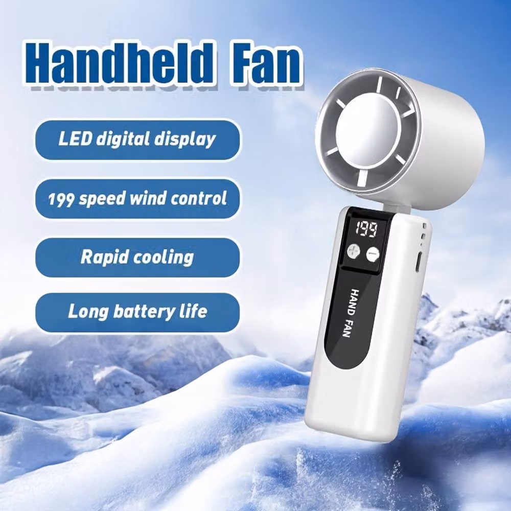 Dyzi Handheld AC Ice Cooling Fan, USB-C Rechargeable Portable with 199 Speeds, White – 6