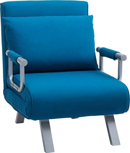 HOMCOM 4-in-1 Blue Faux Suede Chair Bed with Armrests and Metal Frame