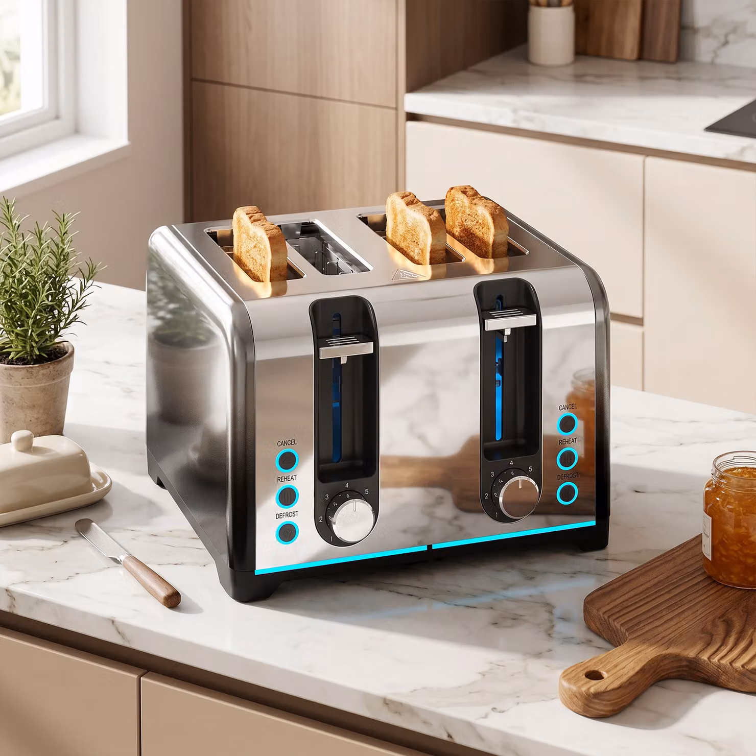 HOMCOM 4 Slice Stainless Steel Toaster in Silver with 7 Browning Levels, Reheat, Defrost and Cancel Functions – 2