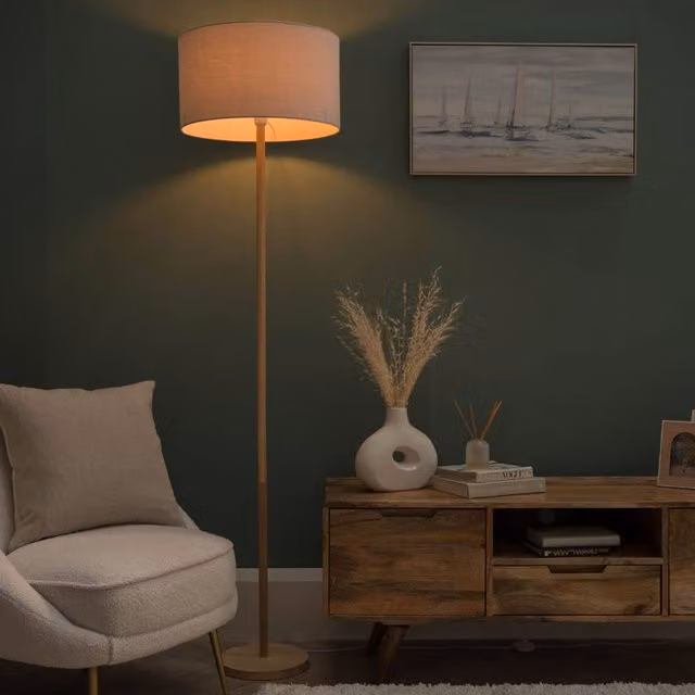 ValueLights Heather Scandinavian Wood Floor Lamp with Grey Fabric Drum Shade and LED Bulb, H 178 x W 45 x D 45 cm