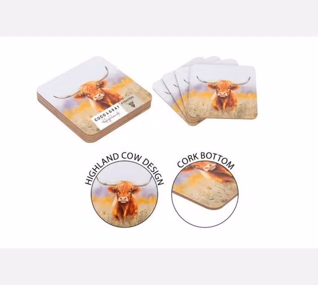 KDMD Highland Cow Coasters, 20 Pack, Brown and Multicolour