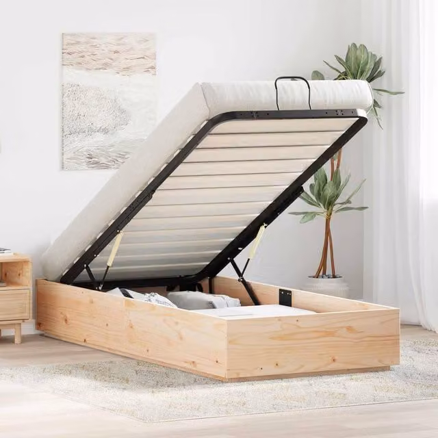 Berkfield Home Modern Pine Ottoman Bed Frame with Storage, Brown, W/D/H: 90 x 190 cm