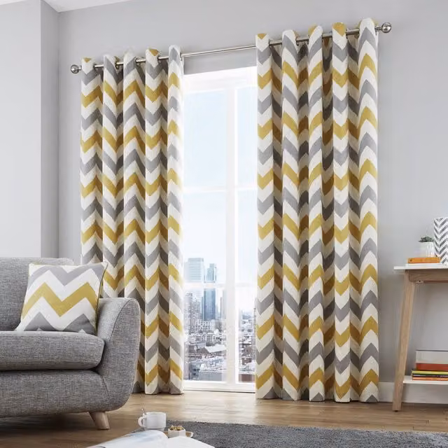 Terrys Fusion Chevron Ready Made Eyelet Curtains in Yellow, Silver and Grey