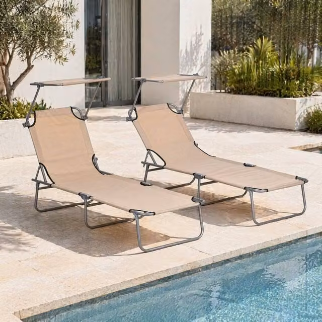 STILVORA Set of 2 Sun Loungers with Adjustable Canopy in Brown and Beige – 1