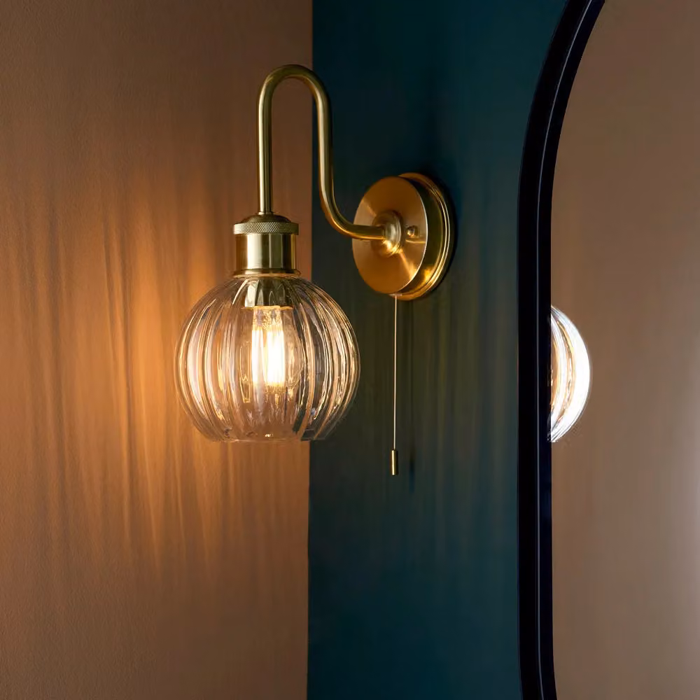 Loops Satin Brass Bathroom Wall Light with Ribbed Clear Glass Shade, IP44 Rated – 2