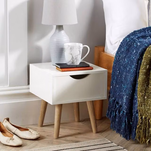 Home Source Boden White 1 Drawer Bedside Table with Scandi Style Solid Wood Legs – 1