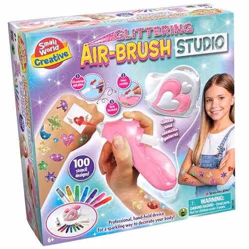Small World Toys Creative Glittering Air-Brush Studio Body Art Kit with 100 Stencil Designs, Multicolour – 1