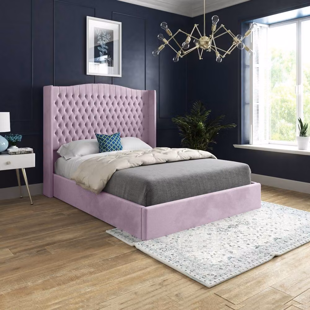 Casani Rowledge Winged Upholstered Pink Velvet Designer Bed Frame W/D/H: 144 x 137 x 140 cm – 2