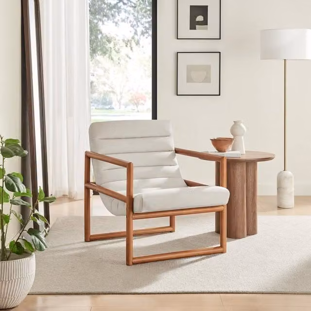 FurnitureboxUK Cassia Beige Fabric Mid Century Modern Accent Chair with Solid Wood Frame and Armrests