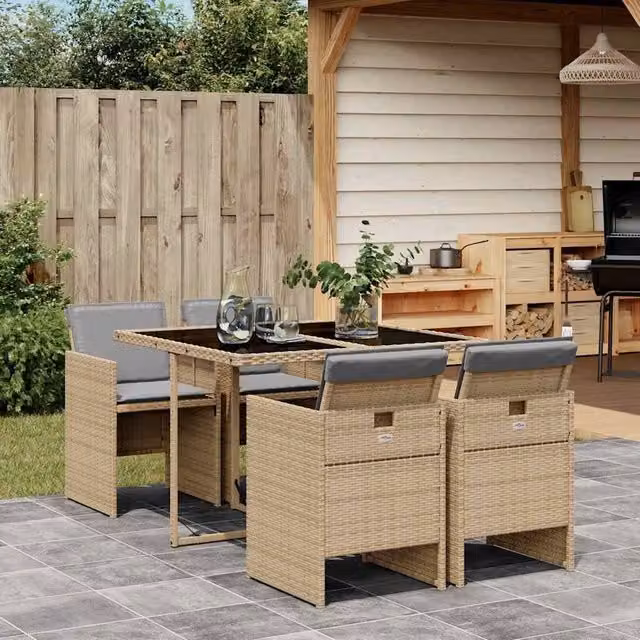 Berkfield Home 5 Piece Poly Rattan Garden Dining Set with Beige Cushions