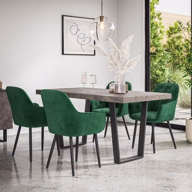 More4Homes Aria Dining Set with Concrete Effect Rectangular Table and 6 Green Anika Velvet Chairs