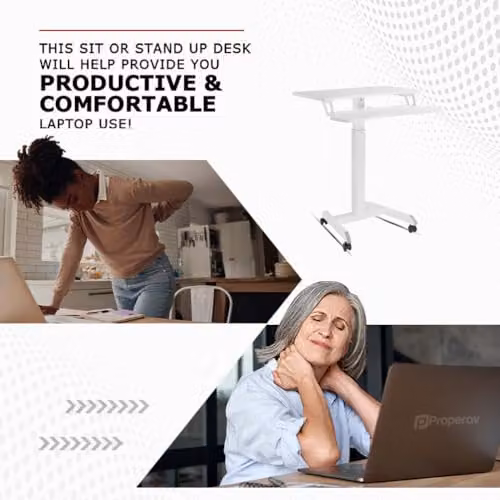 Properav Mobile Two Tier Sit-Stand Desk Workstation with Gas Spring Height Adjustment and Keyboard Tray, White, W: 80 cm, D: 40 cm – 4