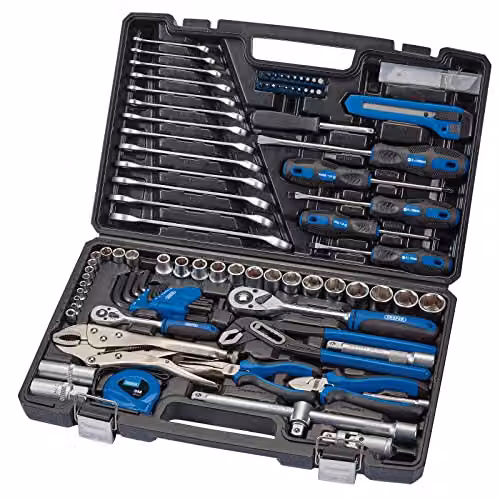 Draper 100-Piece Chrome Vanadium Steel Hand Tool Kit with Pliers, Screwdrivers, Wrenches, Sockets and Bits in Blue, Black and Multicolour