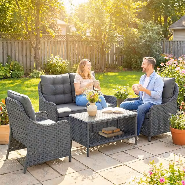 Outsunny Modern Wicker Patio Furniture Set with Glass Coffee Table in Dark Grey