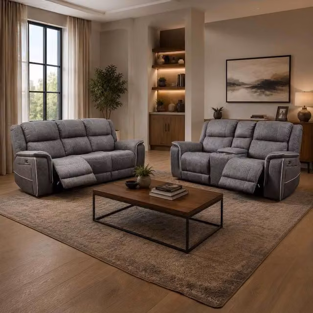 Furnishings For Less UK Anna Grey Fabric Electric Reclining Sofa Suite with USB Charging and Cup Holders – 1