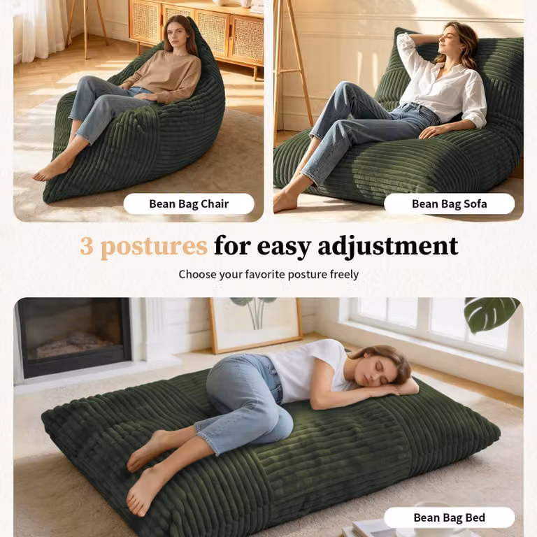 Aosom UK Convertible Memory Foam Bean Bag Chair and Lounger, Green, W: 125 cm, L: 180 cm