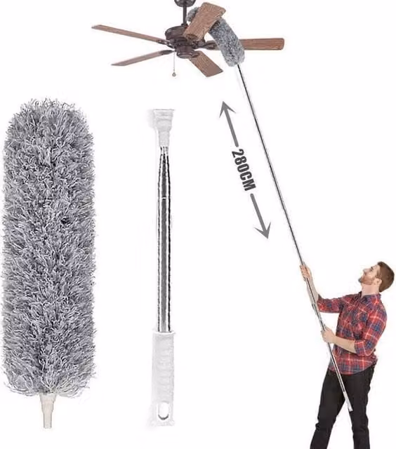 PAWNORA Extra Long Cobweb Feather Duster in Grey with Microfibre and Stainless Steel – 1