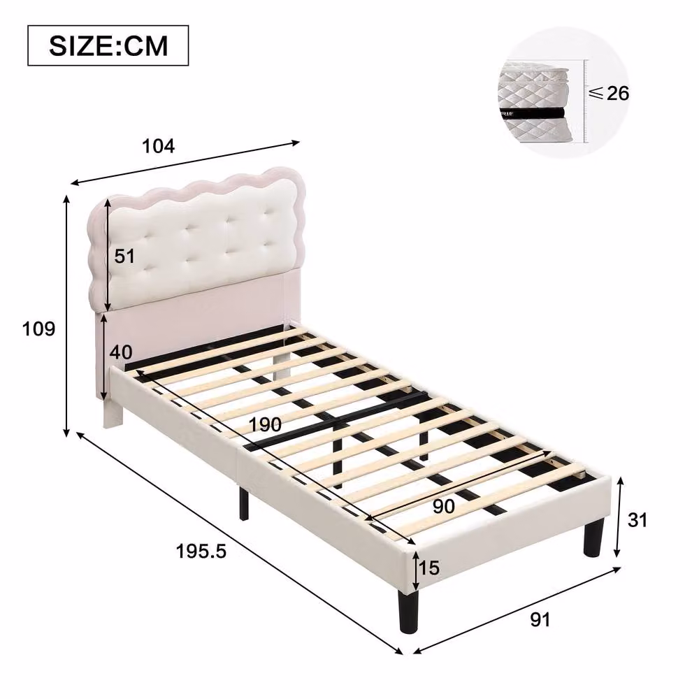 Rolipo Single Velvet Childrens Bed with Biscuit Headboard in Pink and Beige, W/D/H: 90 x 190 cm – 2
