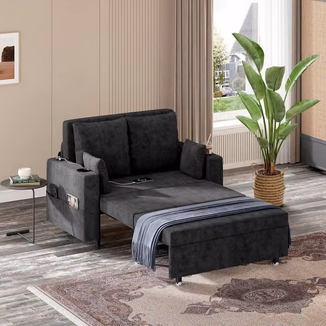 London Boutique 2 Seater Convertible Sofa Bed in Black with USB and Type-C Charging Ports and Cup Holders