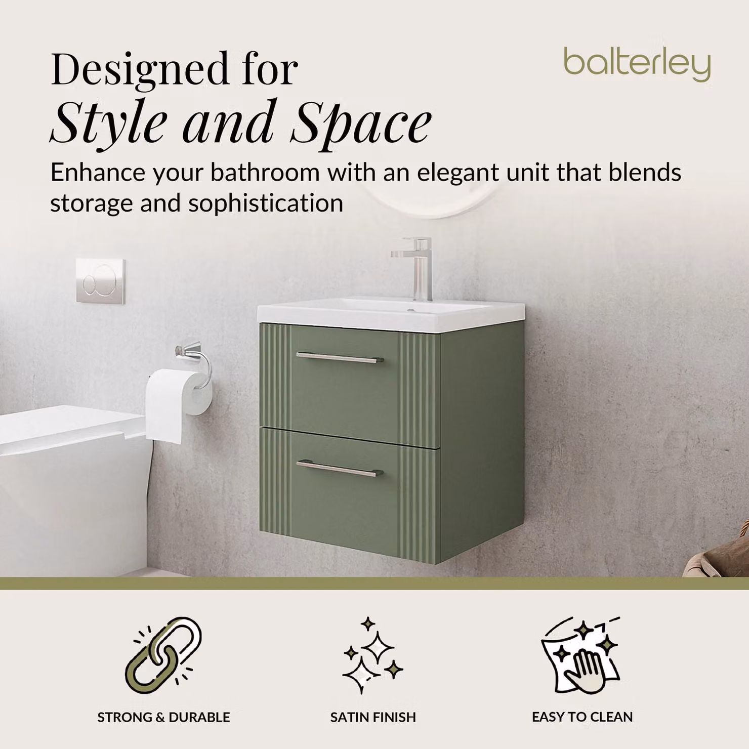 Balterley Wall Hung 2 Drawer Vanity Unit with Mid-Edge Basin, Satin Green – 2