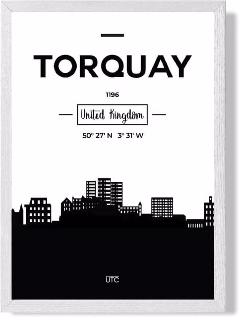 ARTZE Torquay Black and White City Skyline Framed Photograph in White Frame – 1