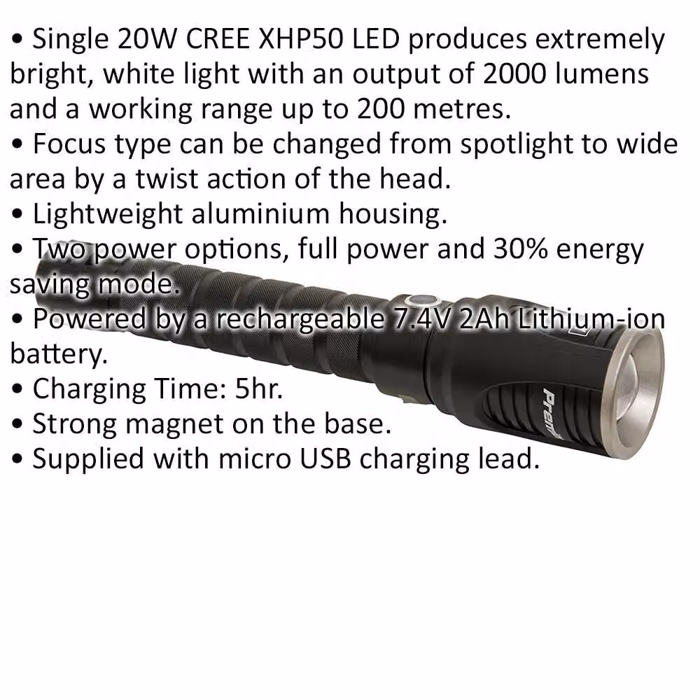 Loops Aluminium Rechargeable LED Torch with 20W Output and Adjustable Focus in Black and Multicolour – 2