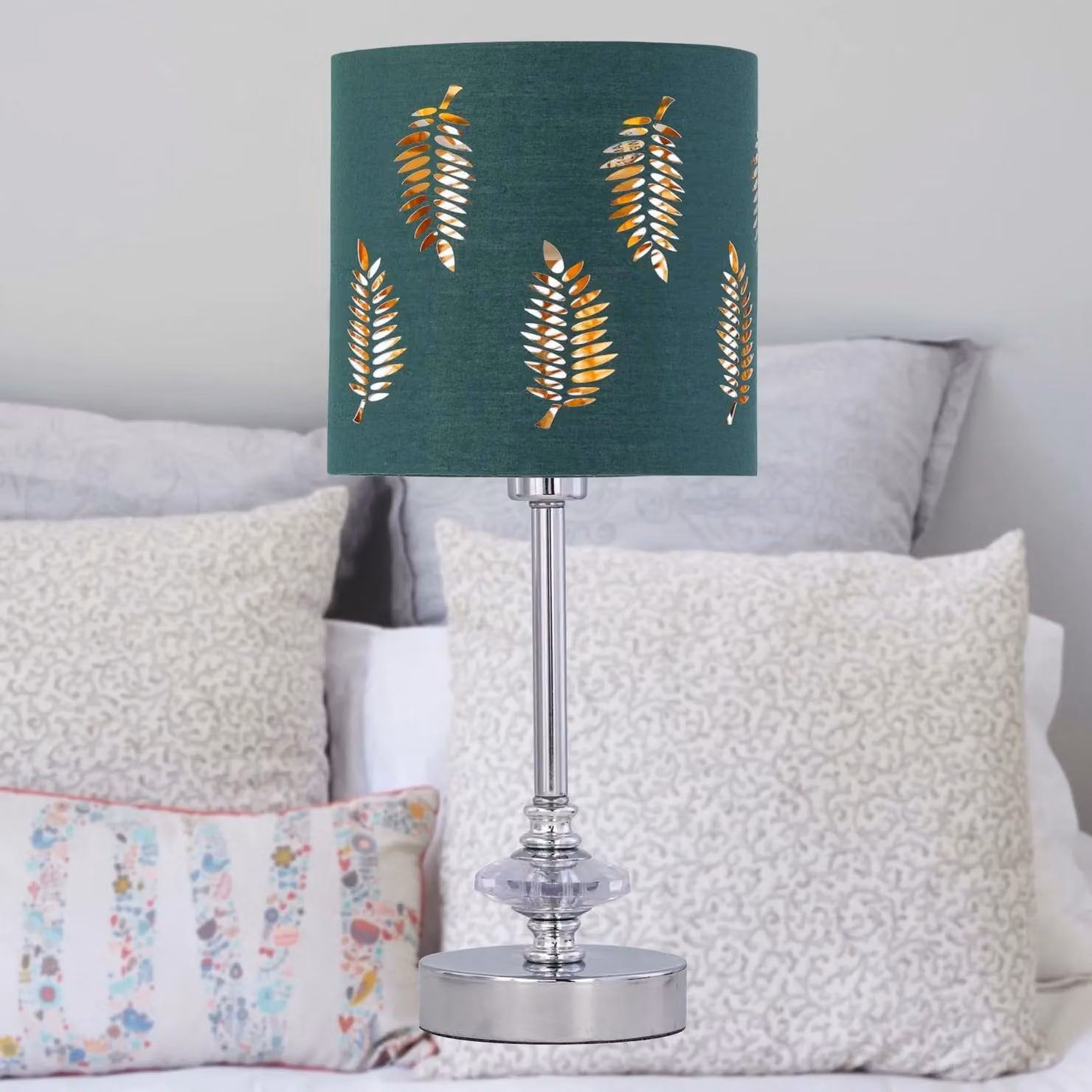 First Choice Lighting Chrome Jewelled Table Lamp with Green Fabric Cylinder Shade in Silver – 2