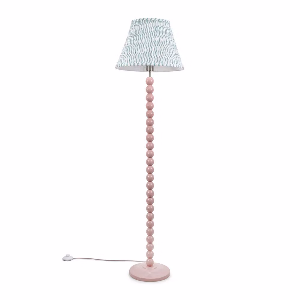 ValueLights Bobbins Rose Pink Wood Floor Lamp with Green Fabric Pleated Shade – 2