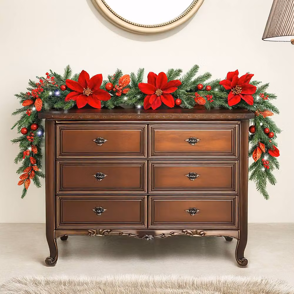 Marco Paul Pre-Lit Christmas Garland with Red Magnolia and Greenery, W: 270 cm, D: 35 cm – 9
