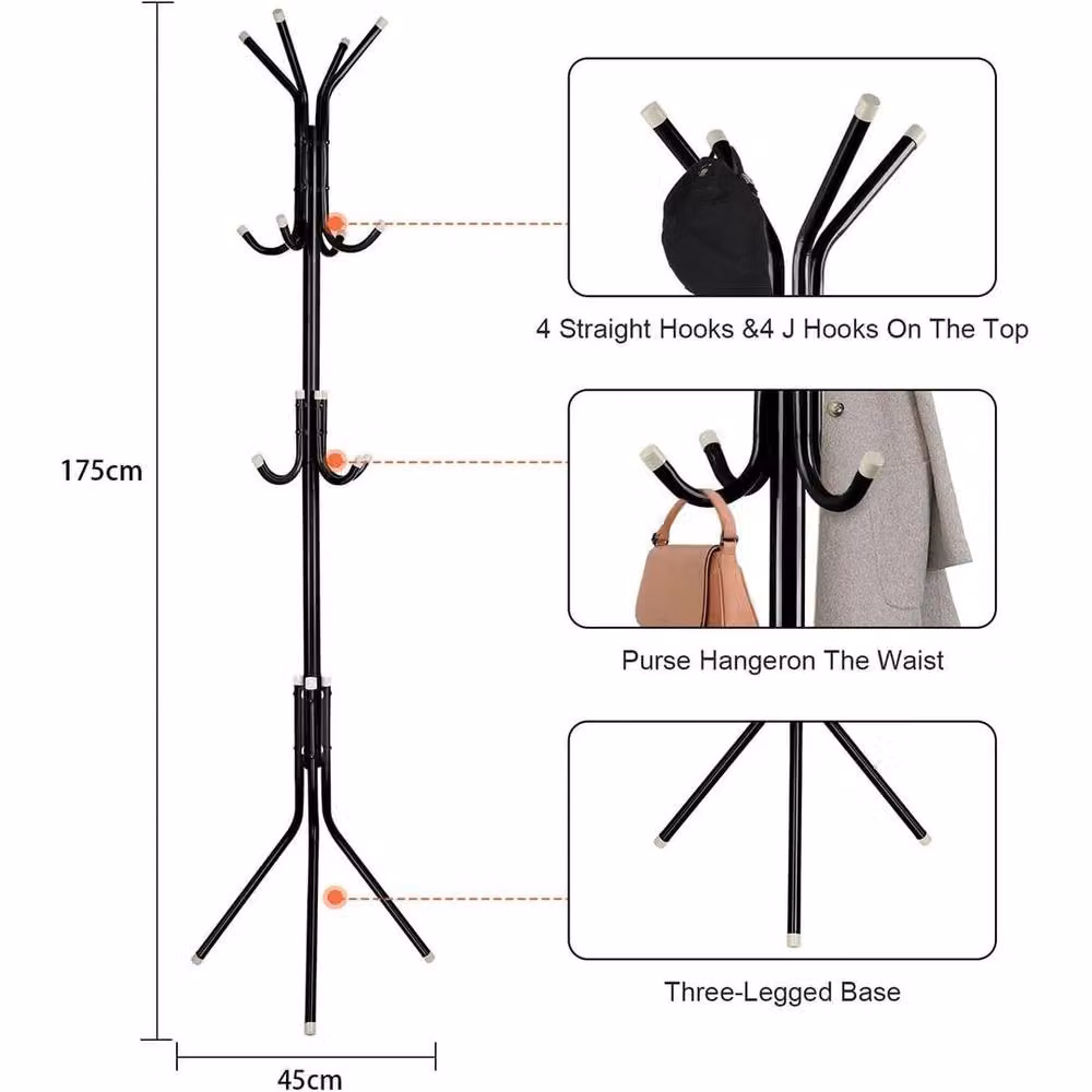 KORVIXA 12 Hook Metal Coat Stand in Matt Black, H 175 cm x W 50 cm x D 50 cm – 2