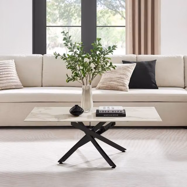 FurnitureboxUK Leonardo Rectangular Marble Effect Glass Top Coffee Table with Black Metal Starburst Legs in White – 1
