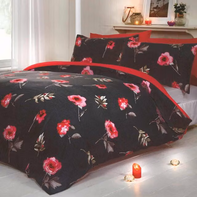 Rapport Home Darcy Reversible Floral Polycotton Duvet Cover and Pillowcase Set in Red and Grey, W/D/H: 260 x 220 x 50 x 75 cm
