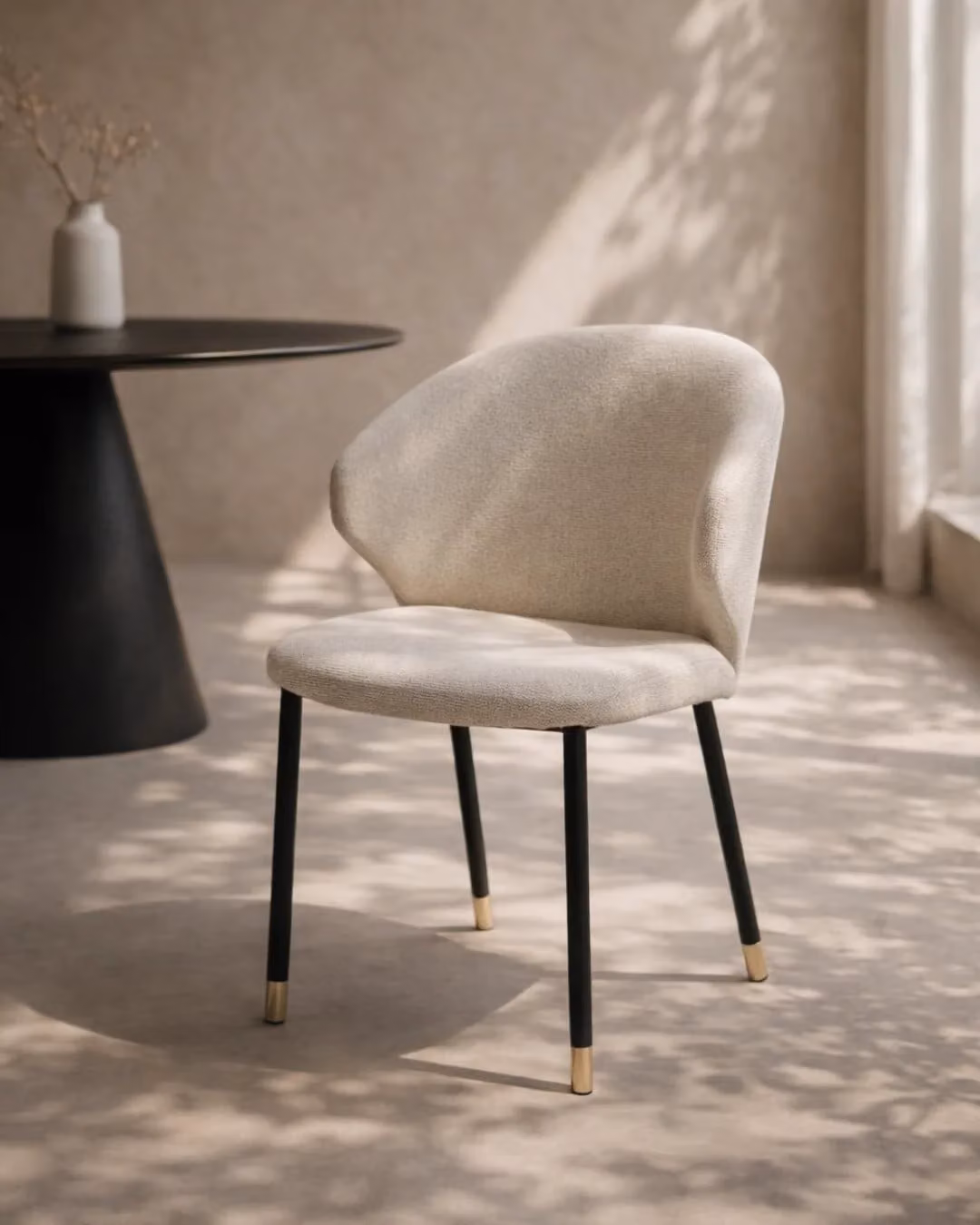 Tommy Franks Lexy Dining Chair in Beige Fabric with Black and Gold Metal Legs