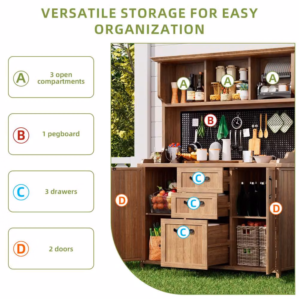 Rolipo Solid Fir Wood Garden Storage Cabinet with Drawers in Brown – 8