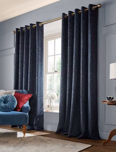 Laura Ashley Navy Blue Floral Velvet Eyelet Curtains, Thermal Insulating and Opaque