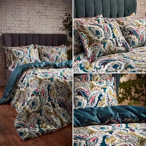 Edinburgh Weavers Aretha Reversible Paisley Duvet Set and Pillowcase Set, 200 Thread Count Cotton Mako Satin, Petrol and Green, W/D/H: 200 x 220 cm and 140 x 200 cm – 6