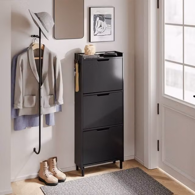 SoBuy Modern Black Matt Foldable Shoe Cabinet with Tilting Compartments and Integrated Lighting – 1