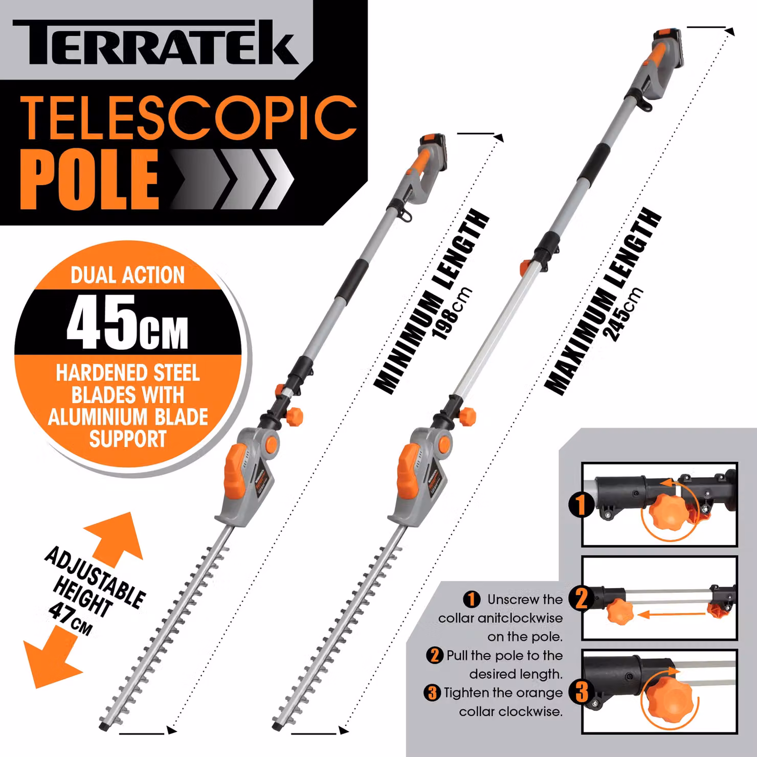 Terratek 20V 2.4m Telescopic Cordless Reciprocating Hedge Trimmer with Rechargeable Battery and Quick Charger, Orange – 3