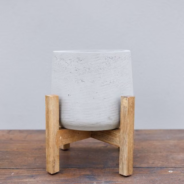 Primrose Grey Round Textured Concrete Garden Planter with Wooden Stand