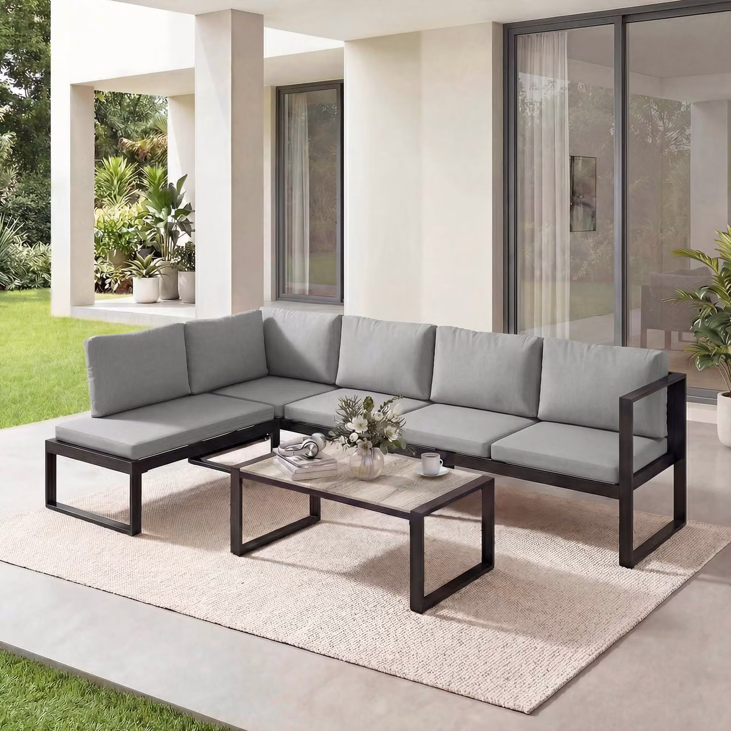 Outsunny 4 Piece Modern Garden Furniture Set in Grey with Upholstered Cushions and Powder Coated Steel Frame – 7
