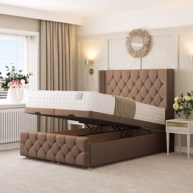 Bed Choices Deluxe Ottoman Upholstered Divan Bed with 54 inch Headboard in Beige, W/D/H: 120 x 200 cm
