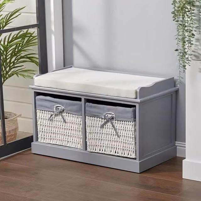Livingandhome Grey Upholstered Hallway Bench with 2 Rattan Storage Baskets