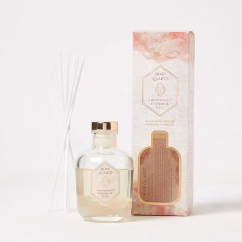 HOMESCAPES Rose Quartz Crystal Reed Diffuser with Rose and Eucalyptus Scent, Pink