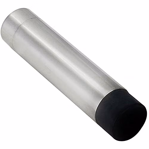 Loops Wall Mounted Cylinder Doorstop with Rubber Tip in Bright Steel Silver, H 7.4 cm x W 1.6 cm